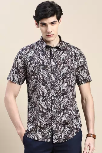 men's short sleeves ethnic motifs navy blue shirt