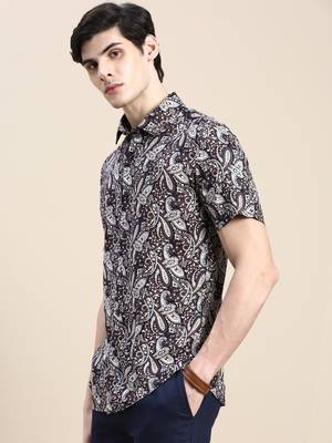 men's short sleeves ethnic motifs navy blue shirt 3