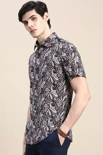 men's short sleeves ethnic motifs navy blue shirt