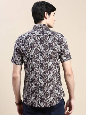 men's short sleeves ethnic motifs navy blue shirt 4