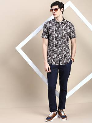 men's short sleeves ethnic motifs navy blue shirt 5