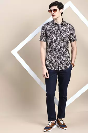 men's short sleeves ethnic motifs navy blue shirt