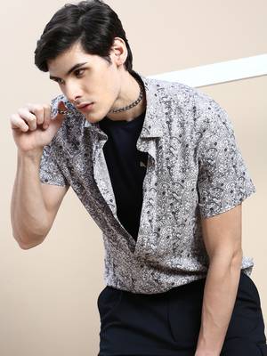men's short sleeves ethnic motifs grey shirt 1