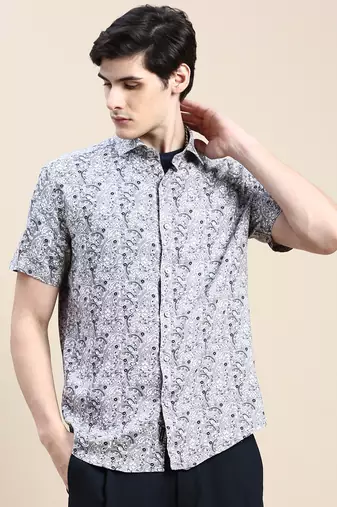 men's short sleeves ethnic motifs grey shirt