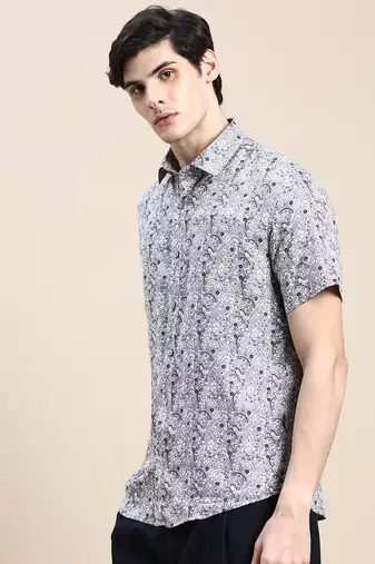 men's short sleeves ethnic motifs grey shirt