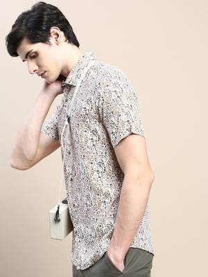 men's short sleeves ethnic motifs cream shirt 1