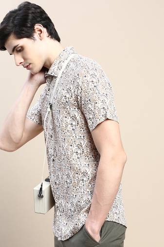 men's short sleeves ethnic motifs cream shirt