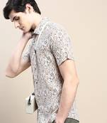 men's short sleeves ethnic motifs cream shirt