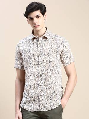men's short sleeves ethnic motifs cream shirt 2