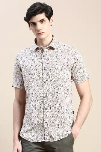 men's short sleeves ethnic motifs cream shirt