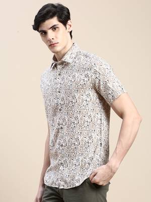 men's short sleeves ethnic motifs cream shirt 3