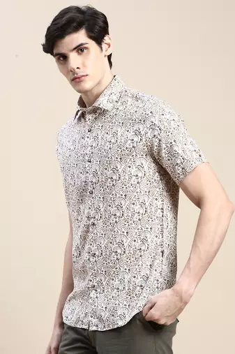 men's short sleeves ethnic motifs cream shirt