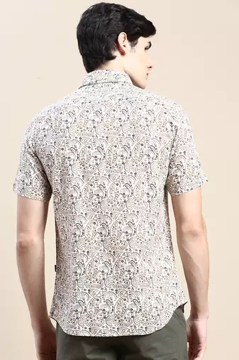 men's short sleeves ethnic motifs cream shirt