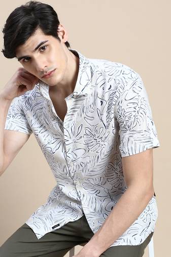 men's short sleeves floral cream shirt