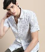 men's short sleeves floral cream shirt