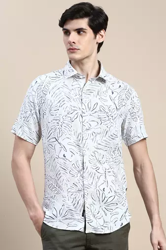 men's short sleeves floral cream shirt