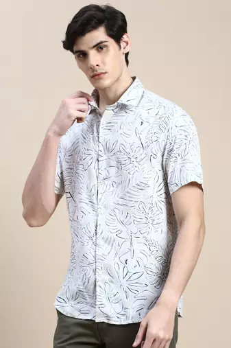 men's short sleeves floral cream shirt
