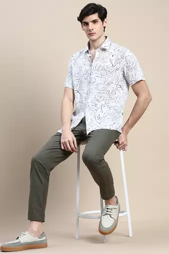 men's short sleeves floral cream shirt