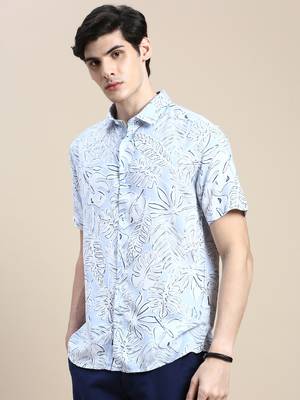 Showoff men's short sleeves floral blue shirt 3