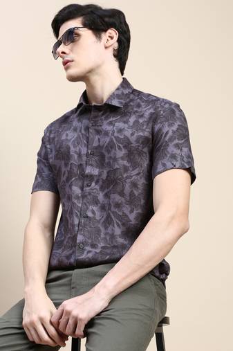 men's short sleeves floral grey shirt