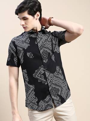 men's short sleeves ethnic motifs black shirt 1