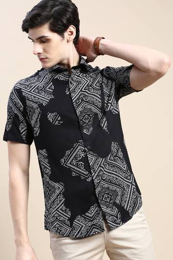 men's short sleeves ethnic motifs black shirt
