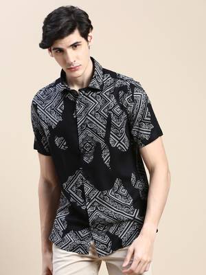 men's short sleeves ethnic motifs black shirt 2