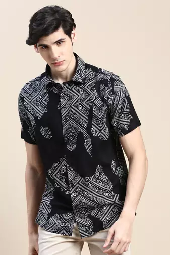 men's short sleeves ethnic motifs black shirt