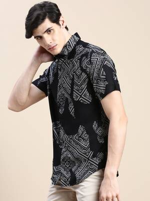 men's short sleeves ethnic motifs black shirt 3