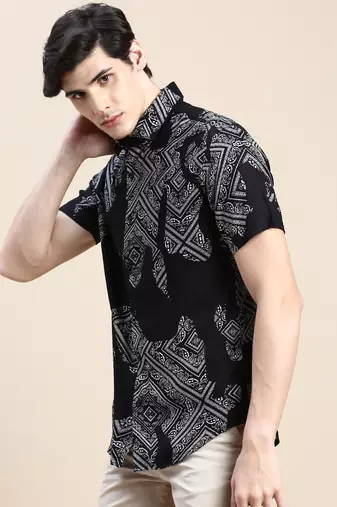men's short sleeves ethnic motifs black shirt