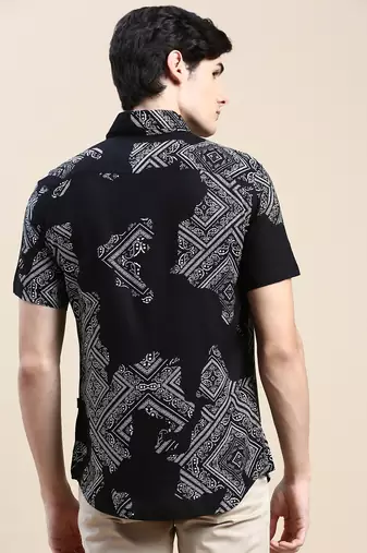 men's short sleeves ethnic motifs black shirt