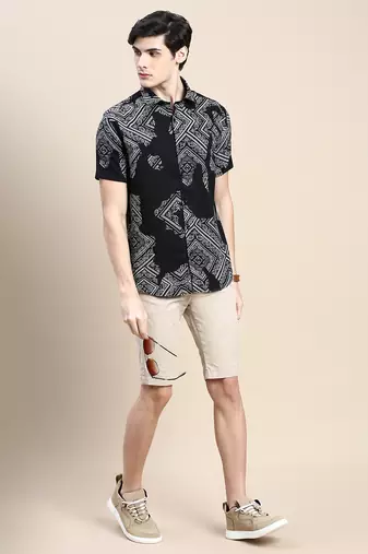 men's short sleeves ethnic motifs black shirt