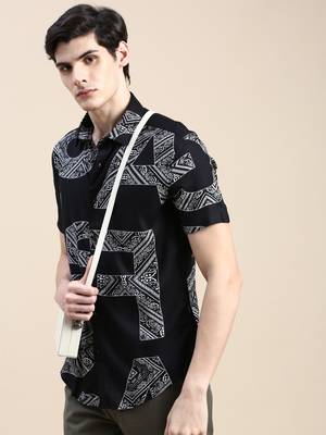 men's short sleeves ethnic motifs black shirt 1
