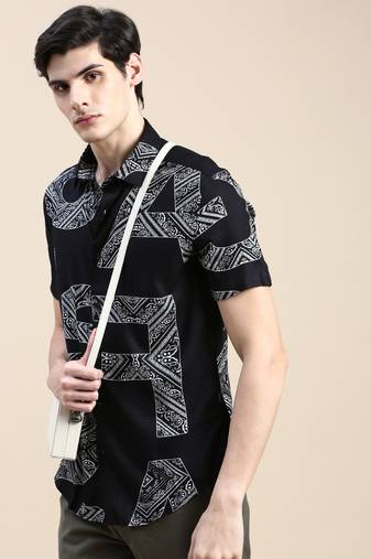 men's short sleeves ethnic motifs black shirt