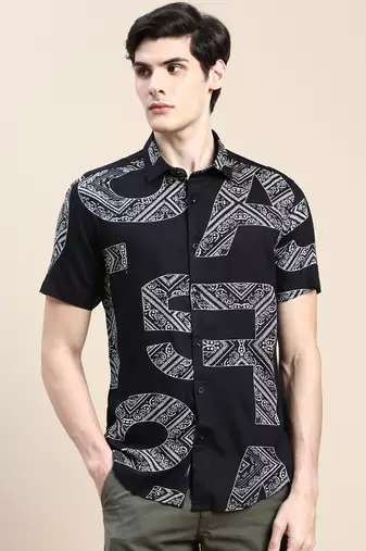 men's short sleeves ethnic motifs black shirt