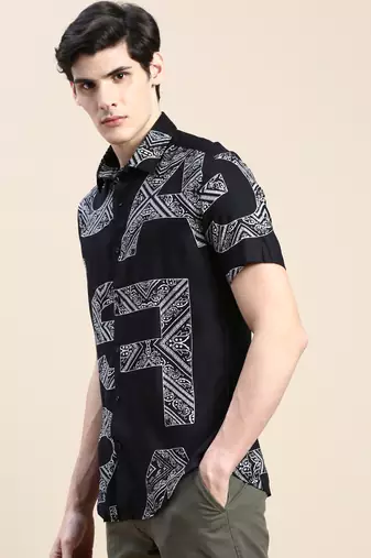 men's short sleeves ethnic motifs black shirt