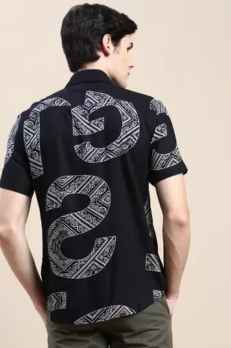 men's short sleeves ethnic motifs black shirt