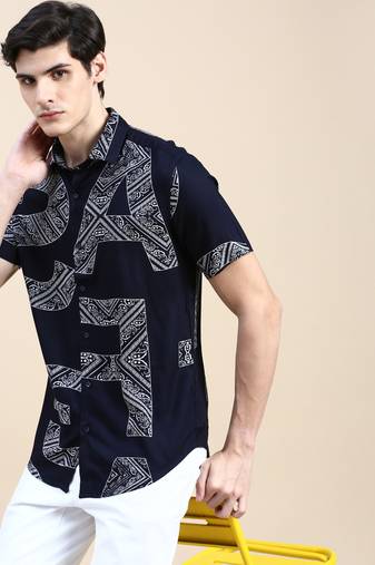 men's short sleeves typography navy blue shirt