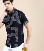 men's short sleeves typography navy blue shirt