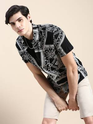 men's short sleeves ethnic motifs black shirt 1
