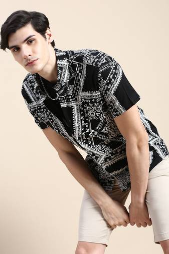 men's short sleeves ethnic motifs black shirt