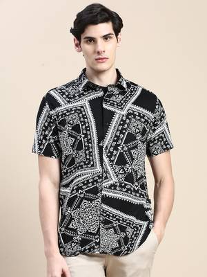 men's short sleeves ethnic motifs black shirt 2
