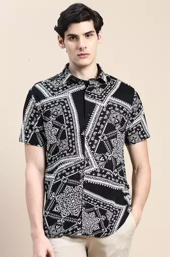 men's short sleeves ethnic motifs black shirt