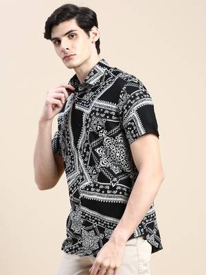 men's short sleeves ethnic motifs black shirt 3