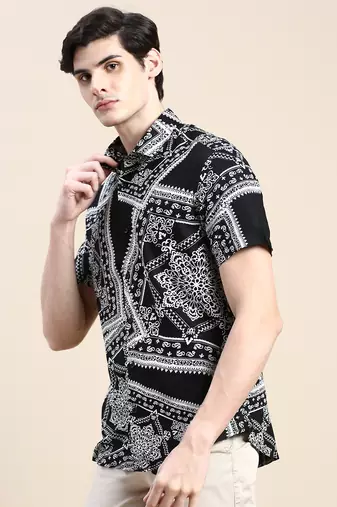 men's short sleeves ethnic motifs black shirt