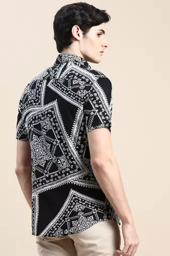 men's short sleeves ethnic motifs black shirt