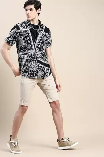 men's short sleeves ethnic motifs black shirt