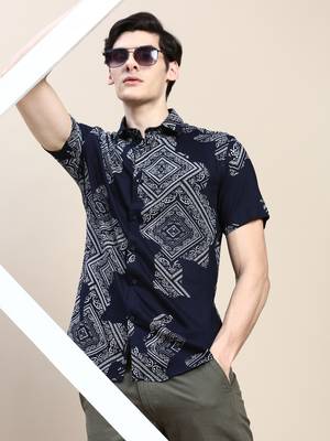men's short sleeves ethnic motifs navy blue shirt 1