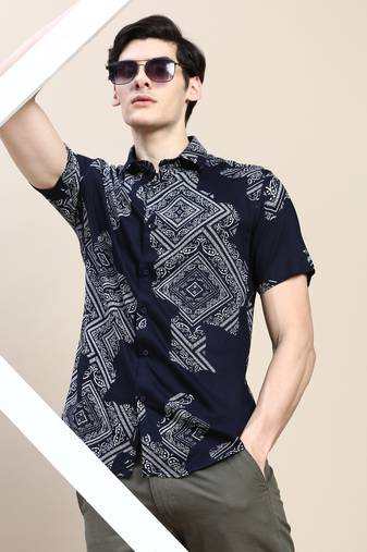 men's short sleeves ethnic motifs navy blue shirt