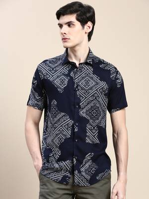 men's short sleeves ethnic motifs navy blue shirt 2